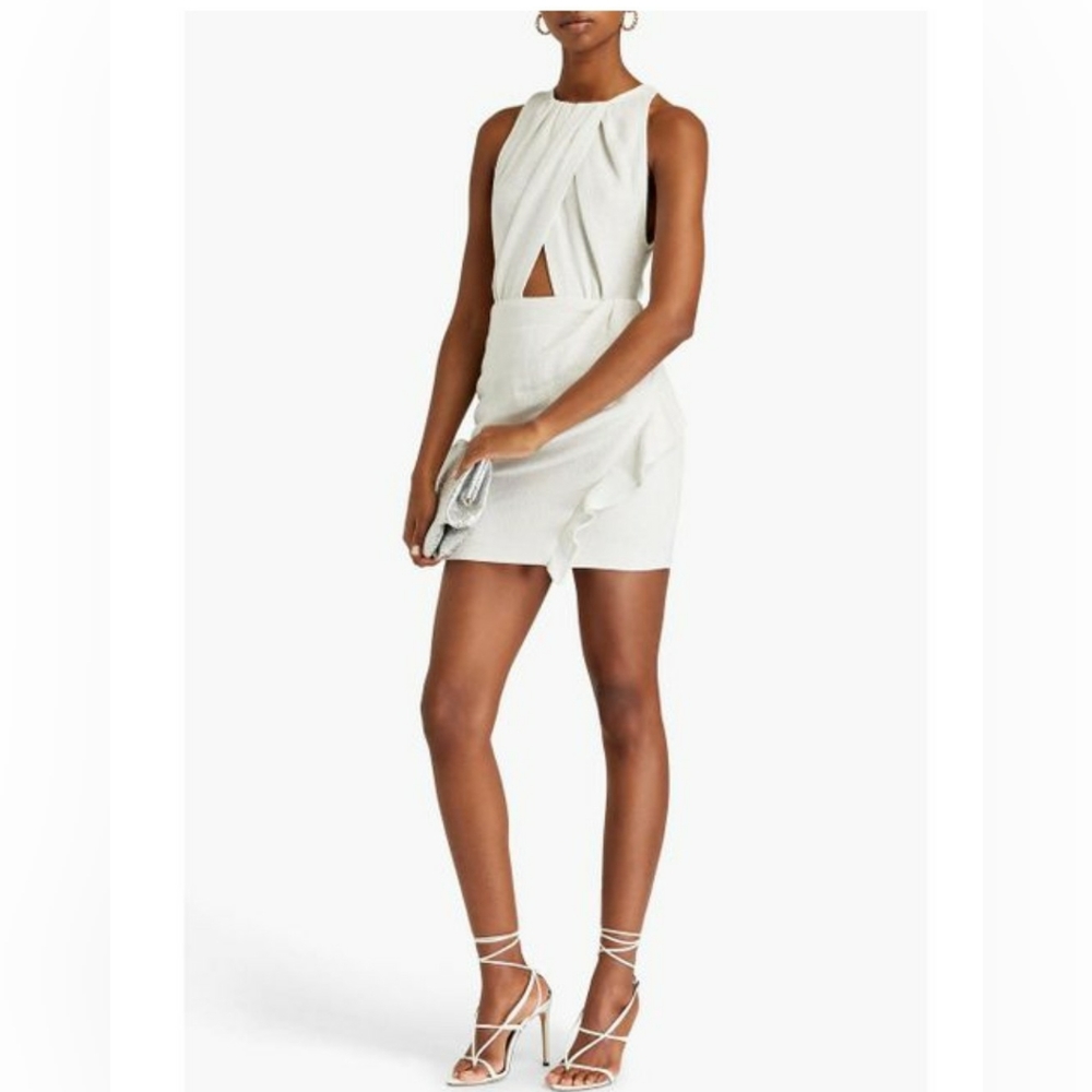 IRO Yasmina Ruffled Cutout Metallic Canvas Mini Dress in White